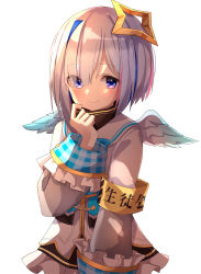 Rule 34 | 1girl, absurdres, amane kanata, ame., armband, blue hair, blue wings, blush, bob cut, closed mouth, commentary request, eyes visible through hair, feathered wings, frilled jacket, frills, grey jacket, hair ornament, hair over one eye, halo, hand up, highres, hololive, jacket, long sleeves, looking at viewer, mini wings, multicolored hair, plaid, purple eyes, short hair, silver hair, simple background, single hair intake, smile, solo, star halo, two-tone hair, virtual youtuber, white background, white wings, wide sleeves, wings
