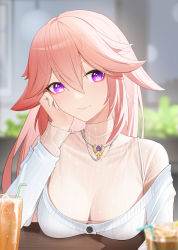 Rule 34 | 1girl, blush, breast rest, breasts, breasts on table, cardigan, casual, cup, dating, drinking glass, drinking straw, genshin impact, hair between eyes, hand on own face, highres, jewelry, juice, large breasts, long hair, long sleeves, looking at viewer, necklace, off shoulder, orange juice, pink hair, pink sweater, purple eyes, smile, solo, sweater, sye-, turtleneck, turtleneck sweater, upper body, white cardigan, yae miko