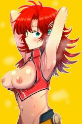 Rule 34 | 1girl, aikawa arika, armpits, arms behind head, arms up, blush, breasts, breasts out, festenia muse, green eyes, highres, long hair, looking at viewer, nipples, red hair, smell, solo, steam, super robot wars, sweat, yellow background