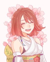 Rule 34 | 1girl, :d, ^ ^, bare shoulders, brown hair, closed eyes, detached sleeves, final fantasy, final fantasy x, flower, hair between eyes, highres, japanese clothes, jewelry, necklace, obi, open mouth, pink flower, ribbon-trimmed sleeves, ribbon trim, sash, short hair, smile, solo, teeth, toufu (toufu 53), upper body, white background, yuna