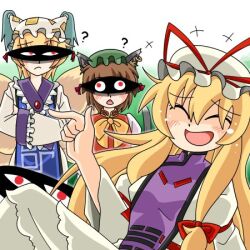 Rule 34 | +++, 3girls, ?, animal ear piercing, animal ears, blonde hair, blue tabard, blush, bow, bowtie, cat ears, cat girl, chen, closed eyes, closed mouth, commentary request, cowboy shot, dress, earrings, fox tail, gap (touhou), green hat, hair between eyes, hands in opposite sleeves, hat, hat ribbon, jewelry, laughing, long bangs, long hair, long sleeves, lowres, mob cap, multiple girls, na ka che, open mouth, purple tabard, red ribbon, ribbon, sidelocks, single earring, smile, tabard, tail, touhou, very long hair, white background, white dress, wide sleeves, yakumo ran, yakumo yukari, yellow bow, yellow bowtie