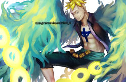 Rule 34 | 1boy, blonde hair, blue fire, fiery wings, fire, highres, male focus, marco (one piece), one piece, open clothes, open shirt, pirate, purple shirt, shirt, solo, tattoo, wings