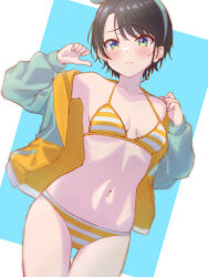 Rule 34 | 1girl, absurdres, bikini, black hair, blue eyes, blue hairband, blue jacket, blush, bow hairband, breasts, hairband, halya meri, highres, hololive, jacket, looking at viewer, multicolored clothes, multicolored jacket, navel, official alternate costume, official alternate hairstyle, oozora subaru, oozora subaru (hololive summer 2019), short hair, small breasts, solo, striped bikini, striped clothes, swimsuit, two-tone jacket, virtual youtuber, yellow bikini, yellow jacket