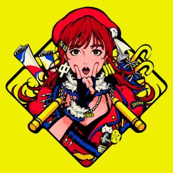 Rule 34 | 1girl, black gloves, border, bright pupils, brown eyes, brown hair, earrings, fingerless gloves, gloves, hair ornament, hand up, highres, jewelry, long hair, looking at viewer, minillustration, necklace, open mouth, original, outside border, red headwear, solo, white pupils, yellow background, yellow border