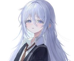 Rule 34 | 1girl, :o, blush, collared shirt, dot nose, grey eyes, grey hair, highres, jacket, lerome, long hair, looking at viewer, necktie, open mouth, original, portrait, red necktie, shirt, sidelocks, solo, strap, white background