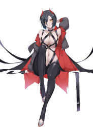 Rule 34 | 1girl, absurdres, arm behind head, azur lane, black choker, black coat, black gloves, black hair, black pantyhose, breast strap, breasts, choker, coat, cross, crotchless, crotchless pantyhose, full body, gloves, grey footwear, half gloves, highres, horns, iron cross, large breasts, looking at viewer, mechanical horns, multicolored hair, open clothes, open coat, pantyhose, red horns, short hair, simple background, solo, two-tone hair, ulrich von hutten (azur lane), white background, white hair, wsfw, yellow eyes, zipper