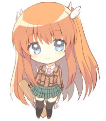 Rule 34 | 1girl, aiyan, arms at sides, black thighhighs, blue eyes, brown jacket, chibi, closed mouth, commentary request, eyes visible through hair, green skirt, hair between eyes, jacket, light blush, long hair, long sleeves, looking at viewer, miniskirt, ootori chihaya, orange hair, plaid, plaid skirt, pleated skirt, rewrite, simple background, skirt, smile, solo, straight hair, thighhighs, two side up, very long hair, white background, wing hair ornament, wood, zettai ryouiki