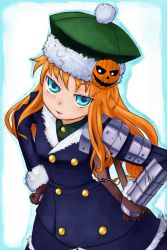 Rule 34 | 1girl, atlus, blue eyes, coat, daizan (mount position), gunner (sekaiju), hair ornament, hat, long hair, orange hair, pyro jack, etrian odyssey, solo