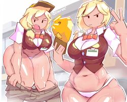Rule 34 | . ., 1girl, adventure time, artist logo, artist name, baseball cap, blonde hair, bow, bowtie, breasts, brown vest, dierelc, female focus, fionna campbell, hair tie, hat, highres, large breasts, long hair, looking at viewer, open mouth, orange bow, orange bowtie, panties, pants, unworn pants, serious, solo, star (symbol), steaming body, stomach, thighs, underwear, uniform, v, vest, white panties