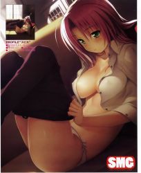 Rule 34 | 1girl, blush, breasts, couch, covered erect nipples, green eyes, highres, large breasts, legs up, lying, nitroplus, no bra, non-web source, open clothes, open shirt, panties, pink hair, shirt, side-tie panties, solo, spica (sumaga), sumaga, tsuji santa, underwear, undressing