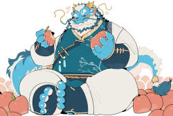 Rule 34 | 1boy, absurdres, animal ear fluff, aqua hair, aqua skin, bara, beard, blush stickers, butterfly sitting, claws, closed eyes, dragon boy, dragon horns, dragon tail, eating, facial hair, fat, fat man, food, fruit, full beard, furry, furry male, happy, heart, highres, holding, holding food, holding fruit, horns, huge eyebrows, japanese clothes, long mustache, male focus, mature male, multicolored hair, mustache, official alternate costume, peach, qinglong (housamo), quanjiang, simple background, sitting, solo, tail, toeless footwear, toes, tokyo houkago summoners, two-tone beard, two-tone hair, white background