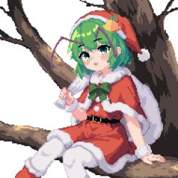 Rule 34 | 1girl, 999 (hansode), antennae, bare tree, bell, belt, black belt, blush, capelet, green eyes, green hair, holding, holding sack, open mouth, pantyhose, pixel art, pom pom (clothes), red capelet, red headwear, sack, short hair, simple background, sitting, solo, touhou, tree, white background, white pantyhose, wriggle nightbug