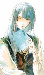 Rule 34 | 1boy, aged up, blue hair, book, chinese clothes, earrings, frilled sleeves, frills, genshin impact, hair over shoulder, highres, holding, holding book, jewelry, kkcoocool, light blush, light smile, long hair, long sleeves, looking to the side, male focus, single earring, solo, upper body, white background, xingqiu (genshin impact), yellow eyes
