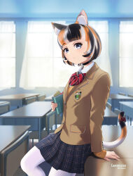 Rule 34 | 1girl, animal ears, beleven, blue eyes, book, bow, brown jacket, calico, cat ears, classroom, collar, commission, day, desk, highres, holding, holding book, indoors, jacket, medium hair, original, pantyhose, plaid, plaid skirt, red bow, school desk, school uniform, skirt, tail, uniform, white pantyhose