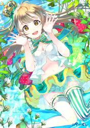 Rule 34 | 10s, 119, 1girl, :d, asymmetrical legwear, bad id, bad pixiv id, brown eyes, brown hair, crown, flower, food, frills, fruit, green skirt, hands up, knees together feet apart, long hair, looking at viewer, love live!, love live! school idol festival, love live! school idol project, minami kotori, mismatched legwear, navel, neck ribbon, open mouth, ribbon, side ponytail, skirt, smile, solo, strawberry, striped clothes, striped thighhighs, thighhighs, thistle, vertical-striped clothes, vertical-striped thighhighs, white thighhighs, zettai ryouiki