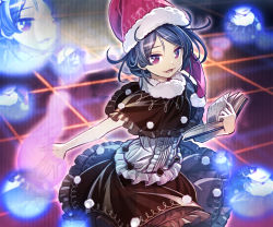 Rule 34 | 1girl, :d, blue hair, book, capelet, doremy sweet, dress, embellished costume, frilled dress, frills, grid, hat, holding, holding book, legacy of lunatic kingdom, looking at viewer, nightcap, open book, open mouth, purple eyes, smile, solo, touhou, zounose