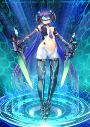 Rule 34 | 1girl, absurdres, bad id, bad pixiv id, bodysuit, breasts, center opening, dual wielding, elbow gloves, full body, gloves, goggles, headgear, headset, hexagon, highres, holding, holding sword, holding weapon, honeycomb (pattern), honeycomb background, legs, long hair, looking at viewer, medium breasts, necktie, no bra, original, purple hair, purple necktie, shirt, sleeveless, sleeveless shirt, solo, standing, sword, very long hair, weapon, yamacchi