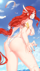 Rule 34 | 1girl, absurdres, animal print, ass, bikini, breasts, day, dog print, earrings, evanyi, feather hair ornament, feathers, hair ornament, highres, honkai (series), honkai impact 3rd, hoop earrings, jewelry, jingwei (honkai impact), large breasts, long hair, looking at viewer, looking back, low-tied long hair, nail polish, ocean, outdoors, parted lips, red eyes, red hair, red nails, side-tie bikini bottom, sky, solo, string bikini, swimsuit, tattoo, very long hair, water, white bikini