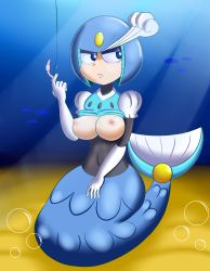 Rule 34 | 1girl, blue background, blue eyes, blue hat, blush, breasts, breasts out, bubble, clothes lift, covered navel, female focus, fins, fish, fishing hook, full body, fuppy-jr, gloves, half-closed eyes, hand up, hat, helmet, highres, large breasts, looking to the side, mega man (series), mermaid, monster girl, navel, nipples, ocean, puffy sleeves, shirt lift, simple background, sitting, solo, splash woman, sunlight, tail, underwater, water, white gloves, worm, yellow background