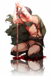 Rule 34 | 1boy, belt, black hair, blood, blood on face, boots, cape, full body, hands on hilt, itou (mogura), jacket, kneeling, levi (shingeki no kyojin), male focus, planted, planted sword, planted weapon, pool of blood, red eyes, reflective floor, shingeki no kyojin, short hair, simple background, solo, sword, thigh strap, three-dimensional maneuver gear, weapon