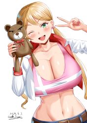 Rule 34 | 1girl, ;d, absurdres, belt, blonde hair, blue shorts, blush, breasts, brown belt, cleavage, collarbone, commentary request, cowboy shot, cropped jacket, dated, denim, denim shorts, doll, earrings, fingernails, gekisum, green eyes, groin, gundam, gundam tekketsu no orphans, hair between eyes, heart, heart earrings, highres, holding, holding doll, jacket, jewelry, lafter frankland, large breasts, long fingernails, long hair, long sleeves, looking at viewer, midriff, nail polish, navel, one eye closed, open clothes, open jacket, open mouth, pink nails, pink sports bra, short shorts, shorts, sidelocks, signature, simple background, smile, solo, sports bra, standing, stuffed animal, stuffed toy, swept bangs, taut clothes, teddy bear, teeth, twintails, upper teeth only, v, white background, white jacket