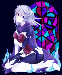 Rule 34 | 1girl, black bodysuit, blue eyes, bodysuit, boots, breasts, chada atariatama, closed mouth, corset, dance princess of the ice barrier, duel monster, from side, full body, gloves, hair between eyes, hair ornament, highres, ice, light purple hair, looking at viewer, looking to the side, medium breasts, purple scarf, scarf, sitting, smile, snowflake hair ornament, solo, stained glass, wariza, white footwear, white gloves, yu-gi-oh!