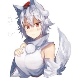 Rule 34 | 1girl, :&gt;, puff of air, animal ear fluff, animal ears, bad id, bad twitter id, bare shoulders, blush, breasts, commentary request, cropped torso, detached sleeves, hair between eyes, hand on own chest, hat, inubashiri momiji, large breasts, long sleeves, looking at viewer, pom pom (clothes), shirt, short hair, silver hair, simple background, smile, solo, suminagashi, tail, tassel, tokin hat, touhou, upper body, v-shaped eyebrows, white background, white shirt, wide sleeves, wolf ears, wolf tail