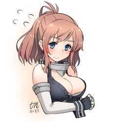 Rule 34 | 1girl, 2017, blue eyes, breasts, brown hair, cleavage, cosplay, dated, elbow gloves, fingerless gloves, flying sweatdrops, front-tie top, gloves, iowa (kancolle) (cosplay), iowa (kancolle), kantai collection, large breasts, looking at viewer, ponytail, saratoga (kancolle), short hair, side ponytail, signature, simple background, solo, tun, upper body, white background