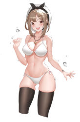 Rule 34 | 1girl, :d, absurdres, atelier (series), atelier ryza, atelier ryza 1, bare arms, bare shoulders, beret, bikini, black ribbon, black thighhighs, blush, breasts, brown eyes, brown hair, collarbone, cropped legs, gluteal fold, hair ornament, hand up, hat, hat ribbon, highres, jewelry, large breasts, looking at viewer, navel, necklace, open mouth, reisalin stout, ribbon, short hair, side-tie bikini bottom, simple background, skindentation, smile, solo, standing, star (symbol), star necklace, stomach, swimsuit, thighhighs, thighs, water drop, white background, white bikini, white hat, zest (watts99)