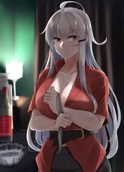 Rule 34 | 1girl, absurdres, ahoge, alcohol, ashtray, belt, black belt, black skirt, bottle, breasts, cleavage, closed mouth, crossed bangs, curtains, gangut (kancolle), grey hair, hair between eyes, hair ornament, hairclip, highres, ibuki grunt, indoors, kantai collection, lamp, large breasts, long hair, orange eyes, red shirt, scar, scar on face, shirt, short sleeves, skirt, solo