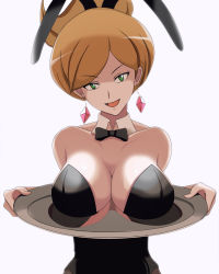 Rule 34 | 1girl, animal ears, aurea juniper, bow, bowtie, breasts, breasts on tray, brown hair, cleavage, creatures (company), fake animal ears, game freak, green eyes, highres, jewelry, large breasts, leotard, looking at viewer, nintendo, playboy bunny, pokemon, pokemon bw, rabbit ears, simple background, smile, solo, tray, vivivoovoo