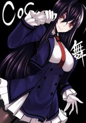 Rule 34 | 1girl, black background, brown eyes, character request, copyright request, gloves, long hair, long sleeves, mugenshiki, necktie, pantyhose, purple hair, smile, solo, white gloves