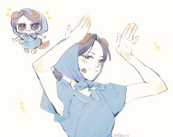 Rule 34 | 1girl, akechi (826988799), animal ears, artist name, black hair, blue dress, blush, chibi, chibi inset, dog ears, dog girl, dog tail, dress, earpiece, eunseo (wjsn), highres, hmph! (wjsn), k-pop, kemonomimi mode, looking at viewer, open hands, parted bangs, real life, simple background, smile, solo focus, tail, upper body, wjsn