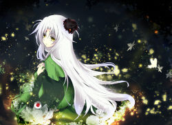 Rule 34 | 1girl, bug, butterfly, closed mouth, colorized, dark background, dress, expressionless, eyeball, facepaint, falling leaves, from behind, glowing butterfly, green dress, hair ornament, houkiri nemu, insect, kajiri kamui kagura, leaf, light particles, long hair, long sleeves, looking back, parted bangs, red eyes, seiza, shinza bansho series, sitting, slit pupils, solo, tenma tokoyo, very long hair, white hair, wide sleeves, yellow eyes