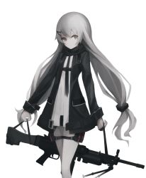 Rule 34 | 1girl, bad id, bad pixiv id, bipod, black coat, black scarf, coat, dress, expressionless, eyebrows, female focus, girls&#039; frontline, grey eyes, grey hair, gun, gyup91, h&amp;k mg4, hair ornament, hairclip, highres, holding, holding gun, holding strap, holding weapon, holster, light machine gun, long hair, looking at viewer, machine gun, mg4 (girls&#039; frontline), necktie, scarf, shirt, simple background, skinny, solo, standing, strap, thigh holster, twintails, weapon, white background, white shirt