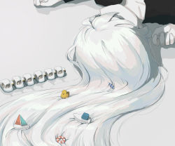 Rule 34 | 1other, absurdres, androgynous, avogado6, colored skin, commentary request, highres, lifebuoy, long hair, lying, on back, original, rubber duck, simple background, solo, swan boat, swim ring, toy boat, white background, white hair, white skin