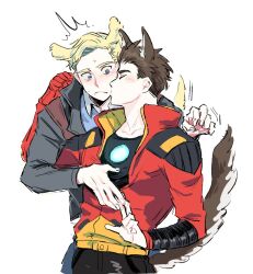 Rule 34 | 2boys, animal ear fluff, animal ears, arc reactor, armor, avengers (series), avengers academy, black pants, black shirt, blonde hair, blue eyes, blue pants, blue shirt, brown hair, buttons, cat ears, cat tail, closed eyes, closed mouth, collarbone, collared shirt, commentary request, dog ears, dog tail, fingernails, grey jacket, hands up, jacket, kemonomimi mode, kiss, kissing cheek, korean commentary, long sleeves, looking at another, male focus, marvel, multicolored clothes, multicolored jacket, multiple boys, open clothes, open jacket, pants, power armor, red armor, red jacket, rro hr2, shirt, short hair, simple background, standing, steve rogers, sweatdrop, t-shirt, tail, tony stark, white background, yaoi, yellow jacket