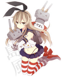 Rule 34 | &gt; &lt;, 10s, 1girl, :3, :c, animal ears, backpack, bad id, bad pixiv id, bag, black panties, blonde hair, bow, closed eyes, detached sleeves, elbow gloves, fake animal ears, gloves, grey eyes, hair bow, kantai collection, lifebuoy, long hair, looking at viewer, midriff, miniskirt, navel, panties, personification, rabbit ears, rensouhou-chan, school uniform, serafuku, shimakaze (kancolle), simple background, skirt, solo, striped clothes, striped thighhighs, swim ring, thighhighs, underwear, uramakaron, very long hair, white background