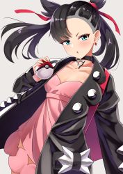 Rule 34 | 1girl, asymmetrical bangs, black choker, black hair, black jacket, black nails, breasts, choker, cleavage, collarbone, cowboy shot, creatures (company), dress, earrings, game freak, green eyes, grey background, hair ribbon, highres, holding, holding poke ball, jacket, jewelry, looking at viewer, marnie (pokemon), medium hair, nail polish, nintendo, open mouth, pendant choker, pink dress, poke ball, poke ball (basic), pokemon, pokemon swsh, red ribbon, rengkong, ribbon, short dress, simple background, small breasts, solo, twintails, two side up, v-shaped eyebrows