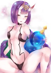 Rule 34 | 1girl, ashino, blunt bangs, blush, bob cut, breasts, fate/grand order, fate (series), half-closed eyes, highres, horns, navel, oni, pale skin, purple eyes, purple hair, revealing clothes, short hair, shuten douji (fate), shuten douji (first ascension) (fate), small breasts, solo, spread legs, stomach, white background
