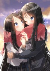 Rule 34 | 2girls, ;), ;d, black cardigan, black hair, blue eyes, blush, cardigan, closed mouth, cloud, cloudy sky, commentary request, cowboy shot, day, eye contact, fringe trim, grey skirt, hair ornament, hairclip, highres, hug, incest, long hair, long sleeves, looking at another, multiple girls, one eye closed, open mouth, original, outdoors, pentagon (railgun ky1206), plaid, plaid skirt, pleated skirt, red scarf, scarf, school uniform, shared clothes, shared scarf, shirt, siblings, sisters, skirt, sky, smile, tareme, very long hair, white shirt, yuri