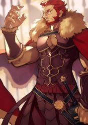 Rule 34 | 1boy, ancient greek clothes, armor, bara, beard, belt, breastplate, cape, cleavage cutout, clothing cutout, cowboy shot, dark-skinned male, dark skin, facial hair, fate/grand order, fate/zero, fate (series), fur collar, greco-roman clothes, highres, iskandar (fate), large hands, leather, looking to the side, male focus, manly, muscular, open clothes, pectorals, red cape, red eyes, red hair, sleeveless, smile, solo, sword, toned, toned male, upper body, weapon, wrinkled skin, yoshio (55level)