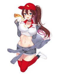 Rule 34 | 1girl, baseball cap, blue eyes, blush, bouncing breasts, breasts, brown hair, choker, clothes around waist, collarbone, elbow gloves, employee uniform, covered erect nipples, error dot, fingerless gloves, food, gloves, hat, highres, jumping, large breasts, league of legends, legs up, looking at viewer, midriff, navel, pizza, pizza delivery sivir, ponytail, shirt, shoes, shorts, sivir, sneakers, solo, t-shirt, thighhighs, uniform