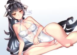Rule 34 | 1girl, azur lane, black hair, blush, breasts, brown eyes, cleavage, curvy, female focus, flower, gradient background, hair ornament, hair ribbon, large breasts, long hair, looking at viewer, lying, on side, one-piece swimsuit, ponytail, ribbon, see-through, simple background, sitting, solo, swimsuit, takao (azur lane), thighs, uehara (higanbachi), very long hair