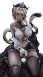 Rule 34 | 1girl, absurdres, aged up, animal ears, artist request, bare shoulders, boots, breasts, cat ears, cat tail, cocktail shaker, cryo (genshin impact), detached sleeves, diona (genshin impact), genshin impact, gloves, green eyes, hairline, hat, highres, large breasts, looking at viewer, panties, pantyshot, pink hair, shiny skin, short hair, short shorts, shorts, smile, solo, tail, thick thighs, thighhighs, thighs, underwear, vision (genshin impact), white background