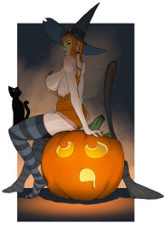 Rule 34 | 1girl, bare shoulders, black cat, black sclera, breasts, broom, bug, cat, choker, colored sclera, drooling, eye contact, from side, full body, glowing, glowing eyes, green eyes, hair ornament, hairclip, halloween, hat, huge breasts, jack-o&#039;-lantern, large breasts, legs, looking at another, night, no shoes, orange hair, outside border, pumpkin, sadpandaface (artist), sideboob, sitting, skindentation, solo, spider, striped clothes, striped thighhighs, suspenders, thighhighs, thighs, witch, witch hat