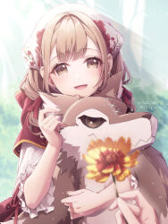 Rule 34 | 1girl, artist name, azusawa kohane, blurry, blurry foreground, blush, brown eyes, brown hair, cloak, commentary request, flower, flower request, forest, head scarf, highres, hinata mizuiro, holding, holding stuffed toy, hood, hooded cloak, light rays, looking at viewer, nature, open mouth, project sekai, red lips, short hair, smile, solo focus, stuffed toy, stuffed wolf, sunbeam, sunlight, tree, upper body, yellow flower