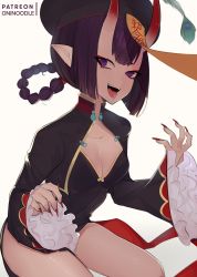 Rule 34 | 1girl, :d, absurdres, bad id, bad pixiv id, black dress, black hat, braid, braided hair rings, breasts, china dress, chinese clothes, cleavage, cleavage cutout, clothing cutout, collarbone, commentary request, dress, eyeshadow, fangs, fate/grand order, fate (series), fingernails, frilled sleeves, frills, hair rings, hand up, hat, hat feather, heroic spirit chaldea park outfit, highres, horns, jiangshi, long fingernails, long sleeves, looking at viewer, makeup, nail polish, ofuda, oni kanzei, open mouth, patreon username, pointy ears, purple eyes, purple hair, qingdai guanmao, red nails, saliva, sharp fingernails, shiny skin, short eyebrows, short hair, shuten douji (fate), shuten douji (festival outfit) (fate), simple background, skin-covered horns, small breasts, smile, solo, white background, wide sleeves