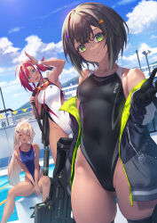 Rule 34 | 3girls, arms note, black gloves, black hair, black one-piece swimsuit, blonde hair, blue one-piece swimsuit, blue sky, breasts, closed eyes, cloud, commentary, covered navel, dark-skinned female, dark skin, day, fukai ryosuke, gloves, goggles, goggles around neck, green eyes, gun, hair ornament, hairclip, highleg, highleg swimsuit, highres, large breasts, multicolored clothes, multicolored swimsuit, multiple girls, one-piece swimsuit, outdoors, poolside, red hair, short hair, sitting, sky, small breasts, swimming club anego-chan (fukai ryosuke), swimming club kouhai (fukai ryousuke), swimming club president (fukai ryousuke), swimsuit, tan, two-tone swimsuit, weapon, weapon request, white one-piece swimsuit
