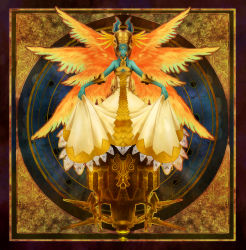Rule 34 | 00s, 1girl, angel wings, bad id, bad pixiv id, blue skin, cleavage cutout, clothes lift, clothing cutout, colored skin, dress, dress lift, psychic, closed eyes, feathered wings, final fantasy, final fantasy tactics advance, final fantasy xii, head wings, headdress, multiple wings, pochiharu, pochiharu (artist), seraph, solo, ultima (ffta), wings